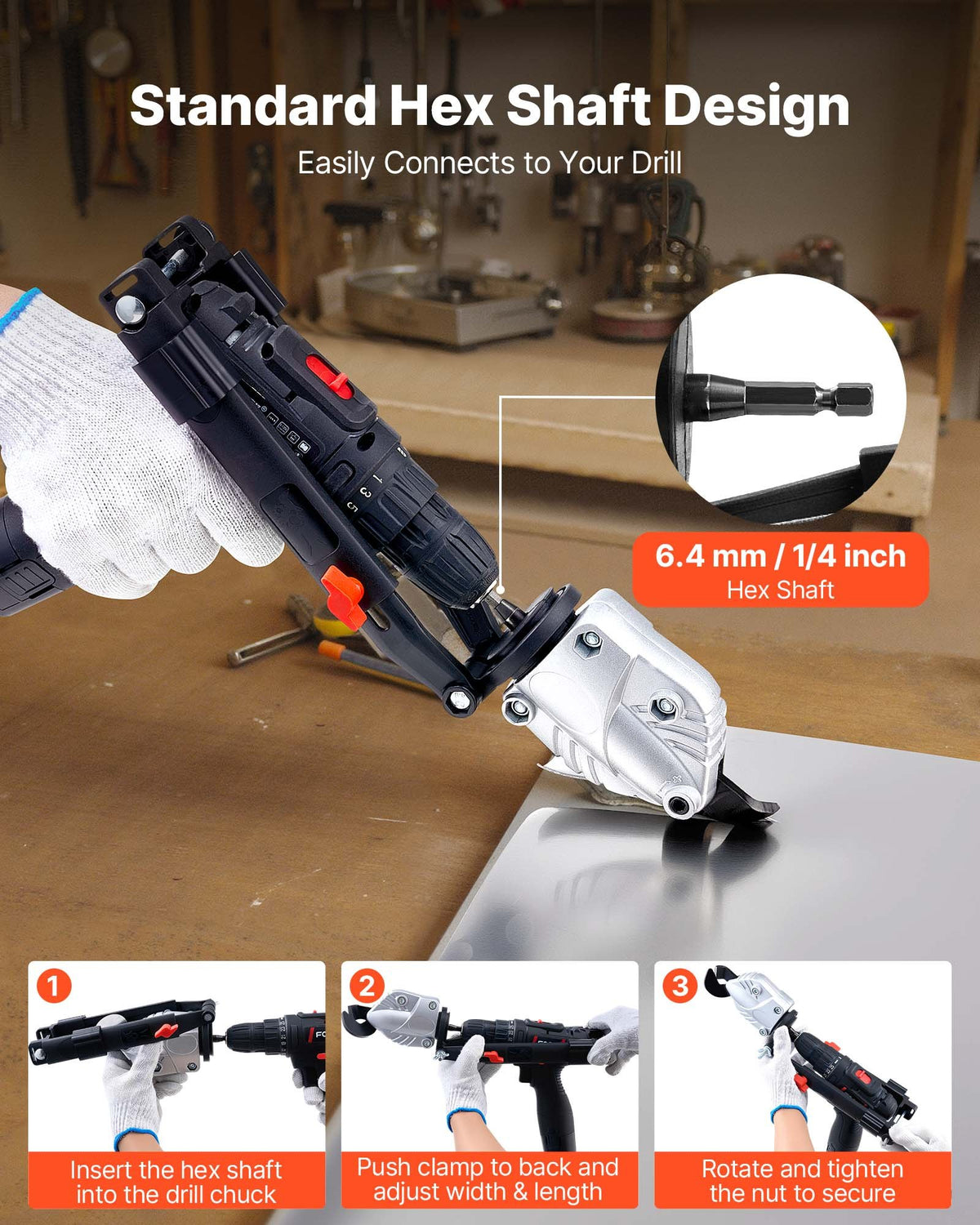 Metal Shear/Cutter Drill Attachment, Sheet Metal Cutter with 360-Degree Pivoting Head, Sharp Blades,Ideal for 18 GA Galvanized Steel, 20 GA Stainless Steel, Aluminum Plate, Plastic, Cardboard