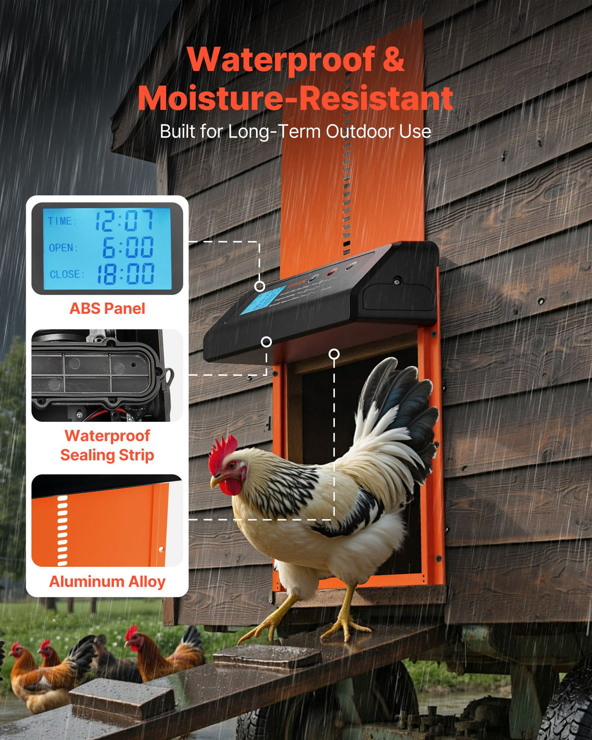 Automatic Chicken Coop Door, Battery Powered Chicken Coop Door with Timer & Manual Setting, Anti-Pinch Security, Durable Aluminum Alloy, Chick Run Gate Opener with Waterproof Sealing, Orange
