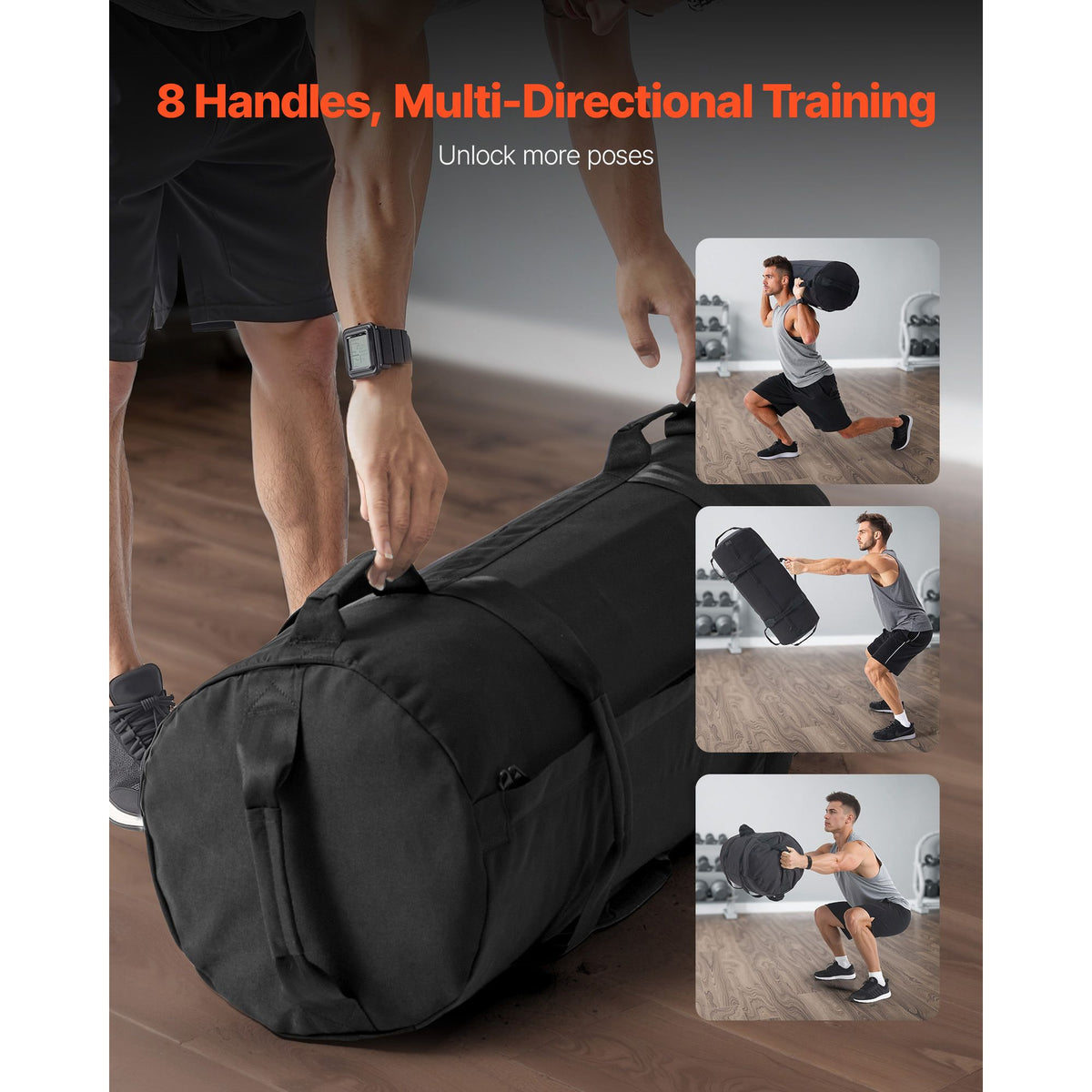 Workout Sandbag, Heavy Duty Workout Power Bags with Handles, 23-56 kg Adjustable Slam Bag for Fitness Strength Weight Training Cross-Training, Home Gym Exercise, Black (Unfilled)