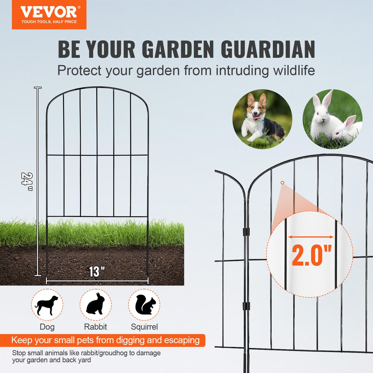 Garden Fence, No Dig Fence 61 x 33 cm Animal Barrier Fence, Underground Decorative Garden Fencing with 5.08 cm Spike Spacing, Metal Dog Fence for the Yard and Outdoor Patio, 10 Pack