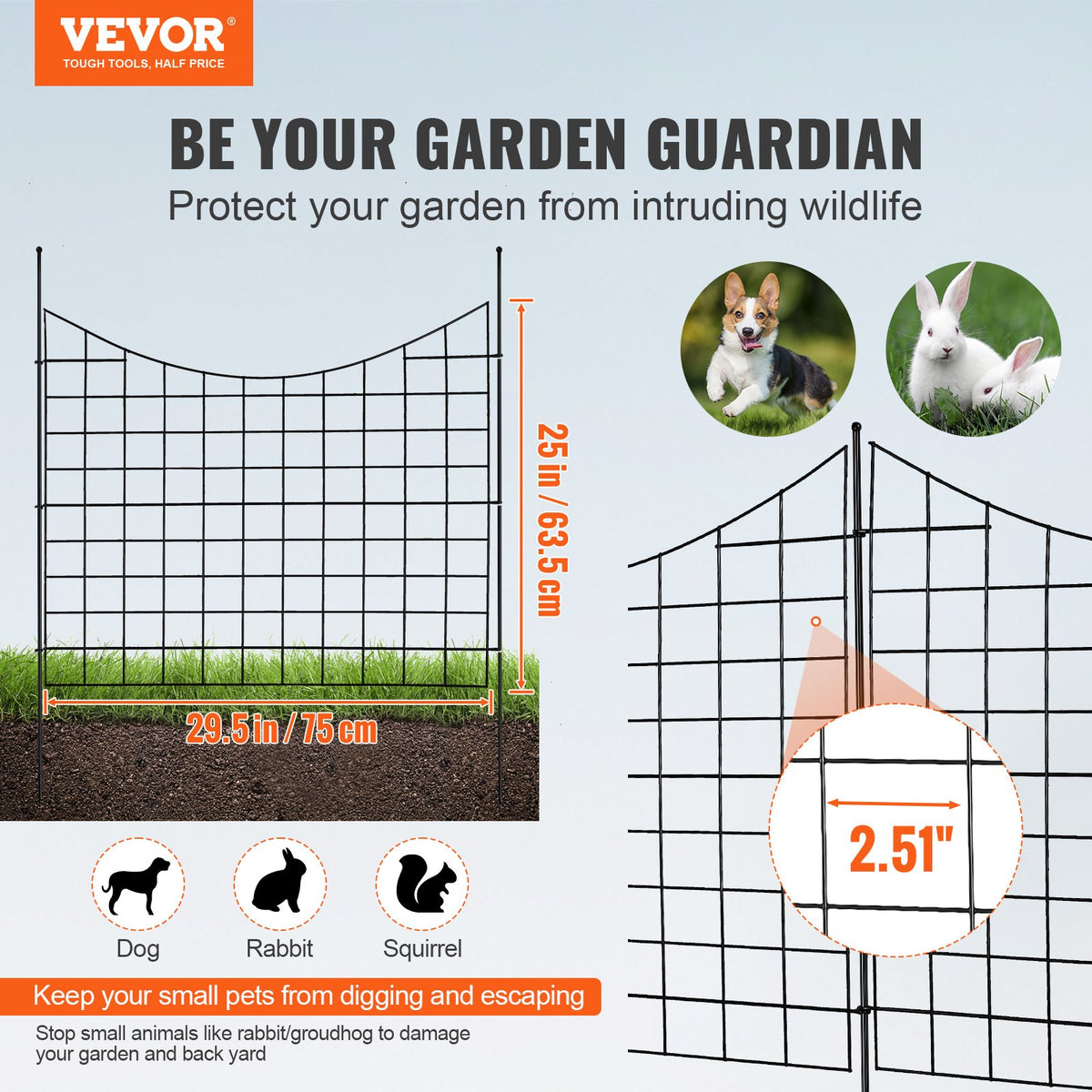 Garden Fence, 75×93 cm Animal Barrier Fence, Underground Decorative Garden Fencing with 6.38 cm Spike Spacing, Metal Dog Fence for the Yard and Outdoor Patio, 5 Pack