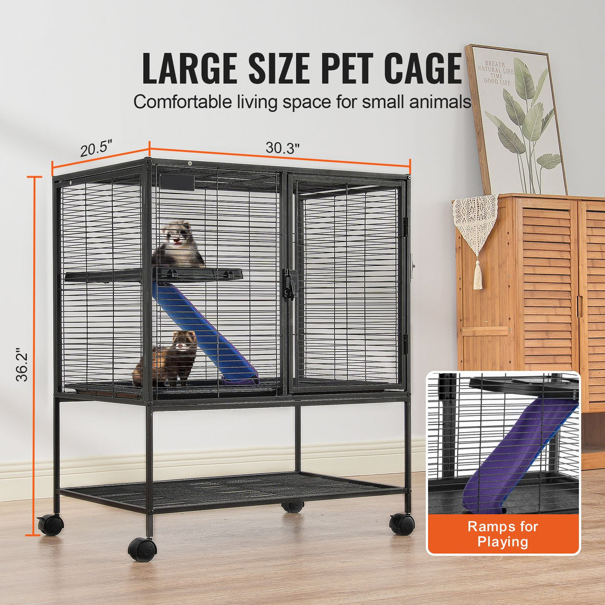 36" Metal Small Animal Cage 2-Tier Rolling Ferret Cage with Tray A Ramp
