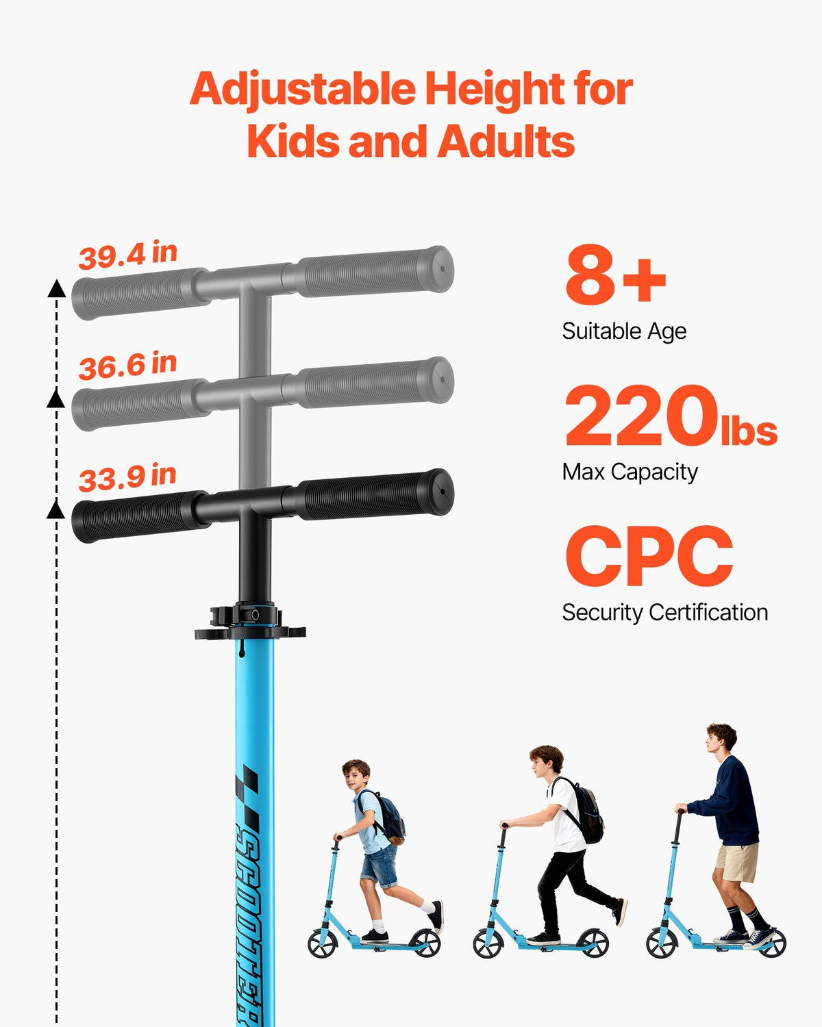 Kick Scooter for Kids Ages 8+, Teens & Adults, 2-Wheel Toddler Scooter with Adjustable Height Handlebar, Wide Anti-Slip Deck, Foldable Lightweight for Boys & Girls up to 99.8 kg, Blue + Black