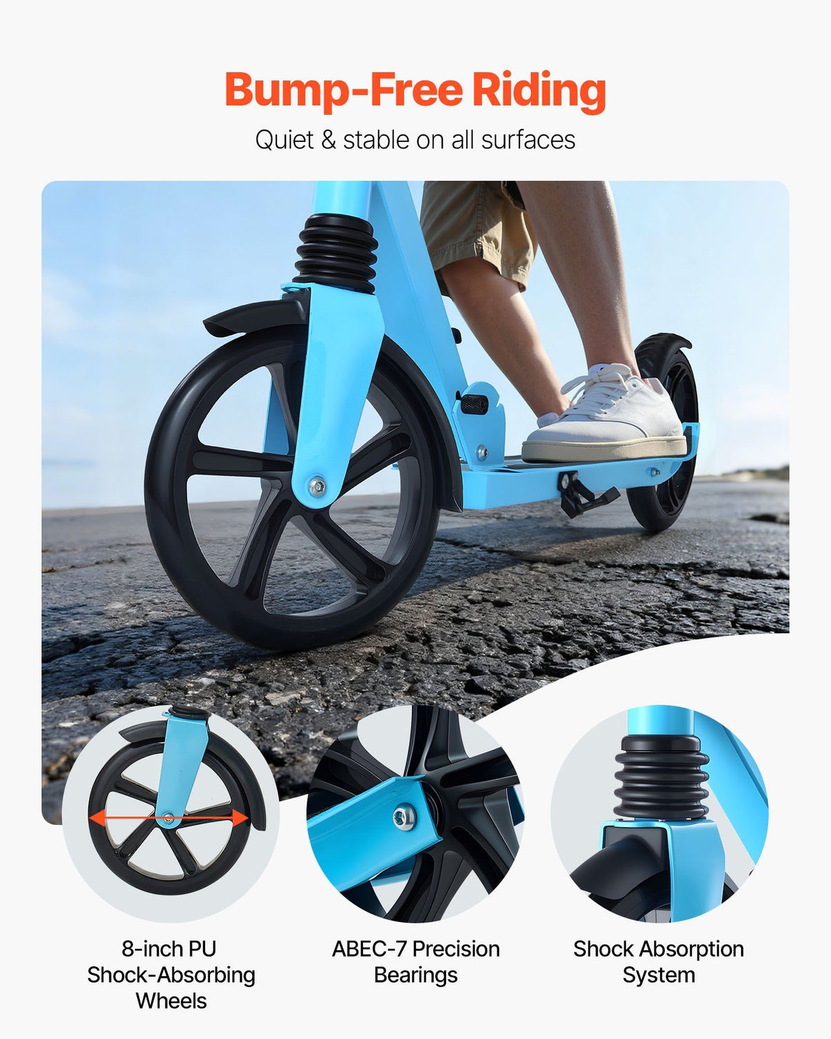 Kick Scooter for Kids Ages 8+, Teens & Adults, 2-Wheel Toddler Scooter with Adjustable Height Handlebar, Wide Anti-Slip Deck, Foldable Lightweight for Boys & Girls up to 99.8 kg, Blue + Black