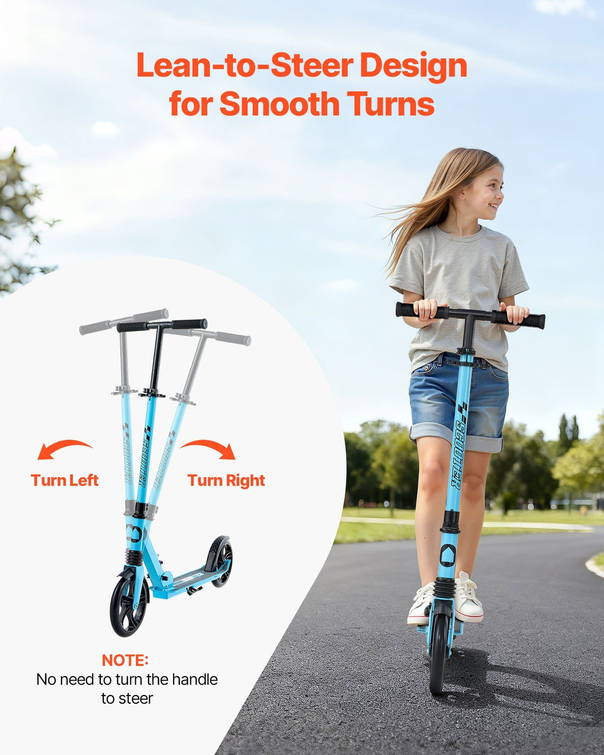 Kick Scooter for Kids Ages 8+, Teens & Adults, 2-Wheel Toddler Scooter with Adjustable Height Handlebar, Wide Anti-Slip Deck, Foldable Lightweight for Boys & Girls up to 99.8 kg, Blue + Black