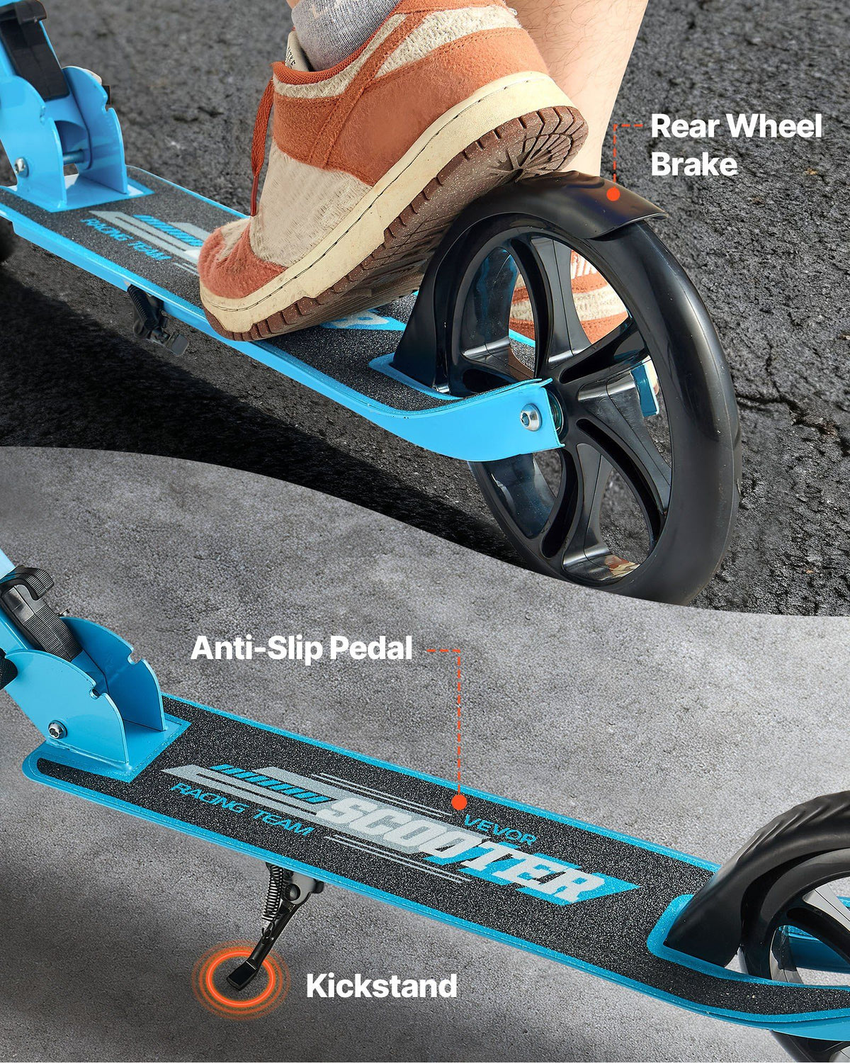 Kick Scooter for Kids Ages 8+, Teens & Adults, 2-Wheel Toddler Scooter with Adjustable Height Handlebar, Wide Anti-Slip Deck, Foldable Lightweight for Boys & Girls up to 99.8 kg, Blue + Black