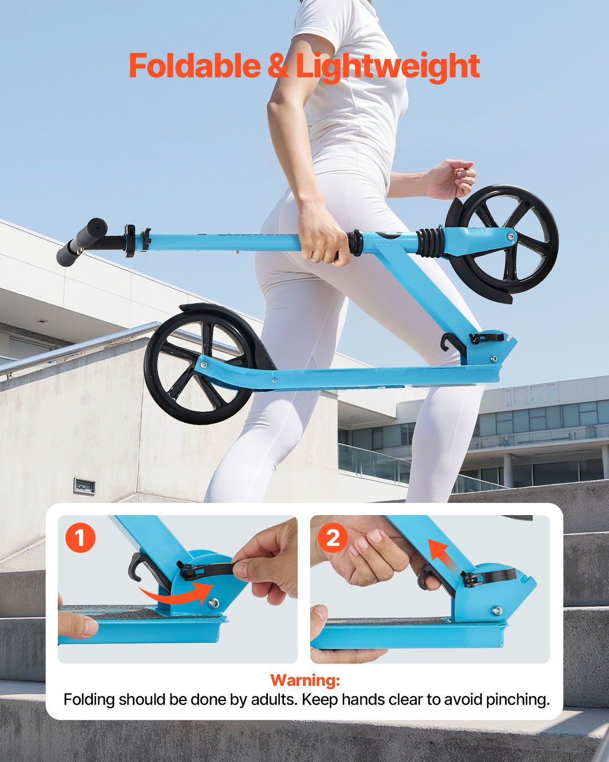 Kick Scooter for Kids Ages 8+, Teens & Adults, 2-Wheel Toddler Scooter with Adjustable Height Handlebar, Wide Anti-Slip Deck, Foldable Lightweight for Boys & Girls up to 99.8 kg, Blue + Black