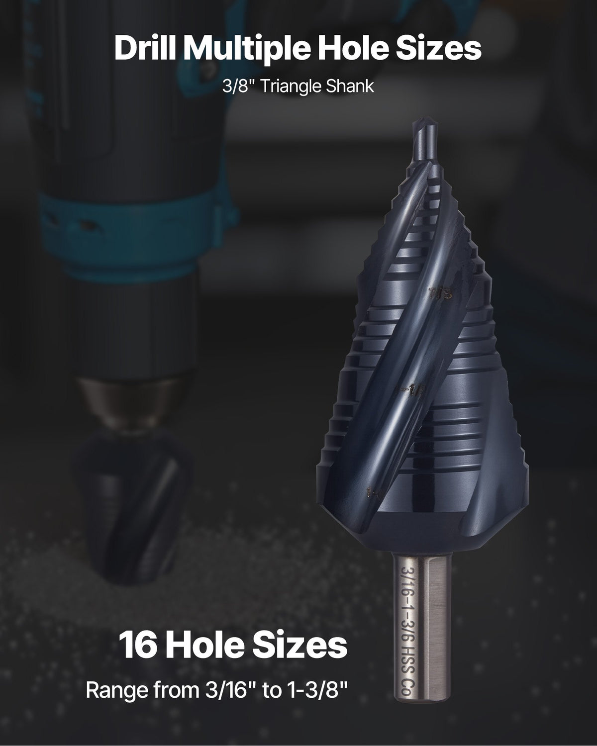 Step Drill Bit, 4.76 to 34.93 mm, 9.53 mm Triangular Shank, TiAlN Coating Cobalt High Speed Steel, Four Spiral Flute Step Bit for Metal, Stainless Steel, Aluminum, Wood, Plastic, Fiberglass