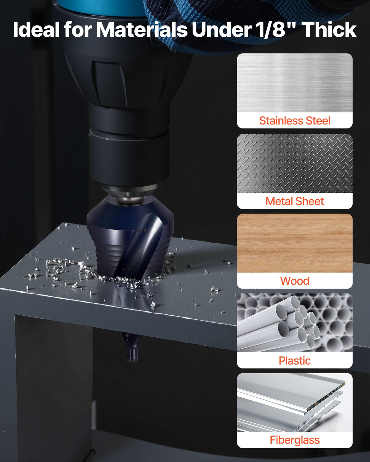 Step Drill Bit, 4.76 to 34.93 mm, 9.53 mm Triangular Shank, TiAlN Coating Cobalt High Speed Steel, Four Spiral Flute Step Bit for Metal, Stainless Steel, Aluminum, Wood, Plastic, Fiberglass