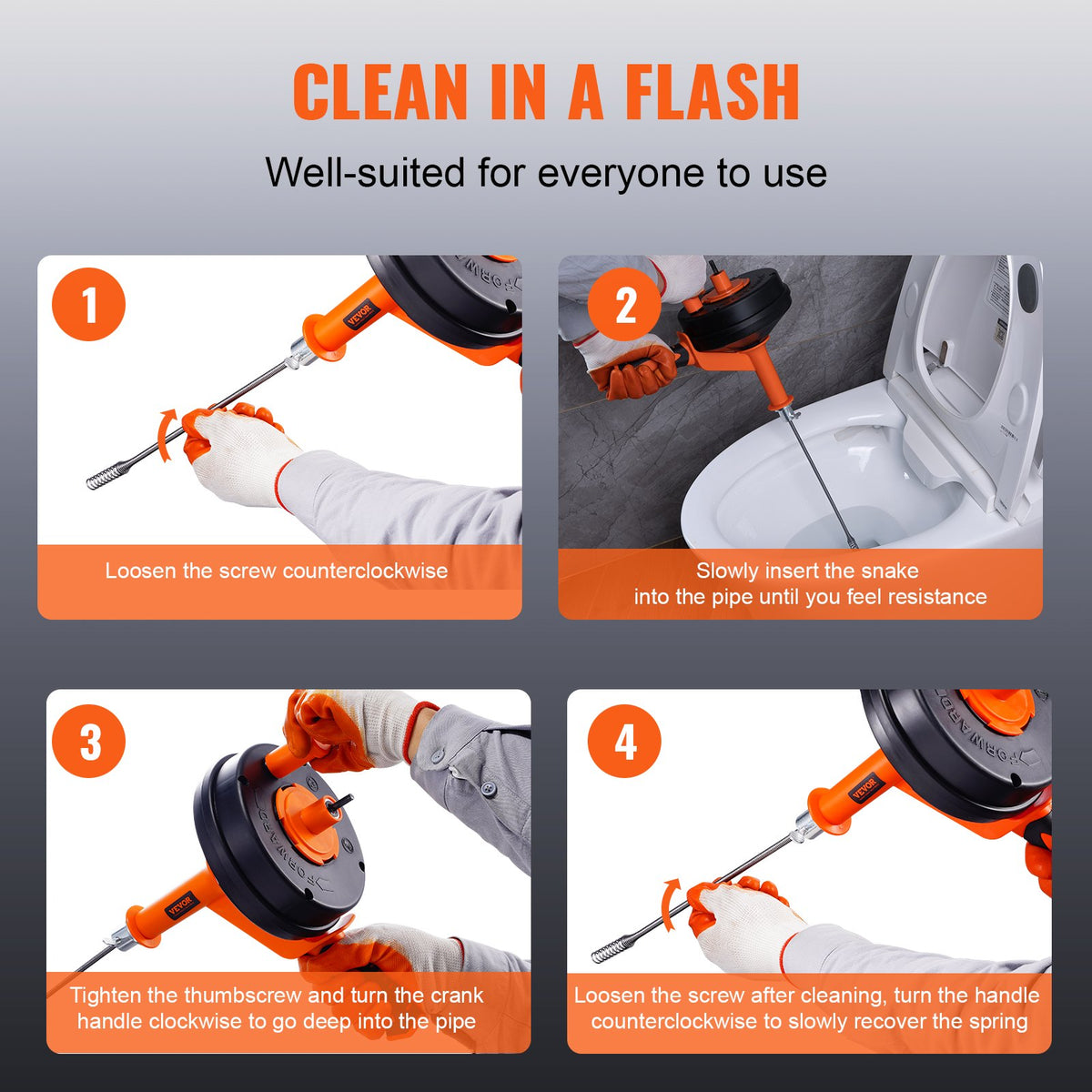 Drain Auger 25ft 1/4in Drum Plumbing Drain Snake Clog Remover Manual-feed