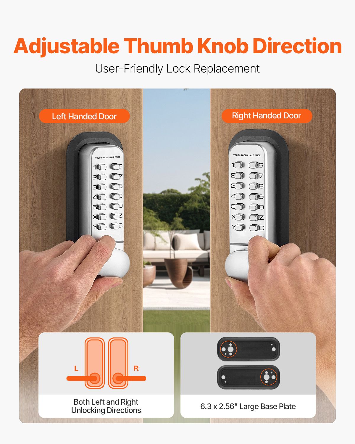 Mechanical Keyless Entry Door Lock, 14 Key Mechanical Door Lock, Mechanical Keypad Door Lock with Adjustable Thumb Knob, Single-Side Zinc Alloy Waterproof Keyless Gate Lock, for Home Office
