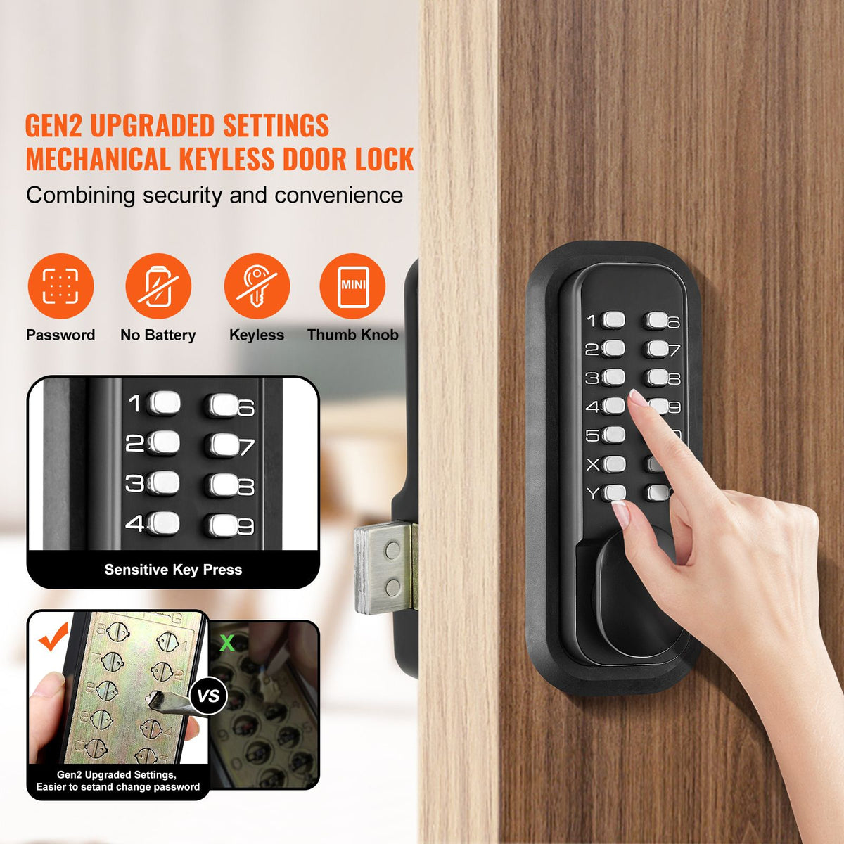 Mechanical Keyless Entry Door Lock, 14 Digit Keypad, Water-proof Zinc Alloy, Outdoor Gate Door Locks Set with Surface-mounted Latch, Keypad and Knob, Easy to Install, for Garden, Garage, Yard