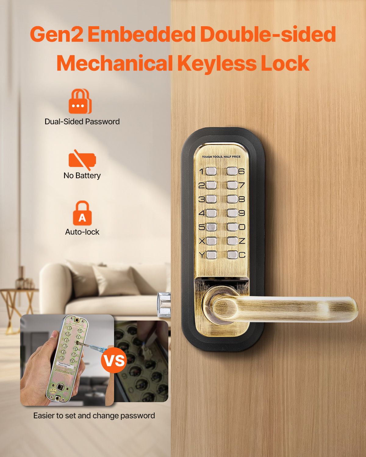 Mechanical Keyless Entry Door Lock, 14 Key Mechanical Door Lock, Mechanical Keypad Door Lock with Handle, Double-Sided Stainless Steel Waterproof Keyless Gate Lock, for Home Office Fence Garage