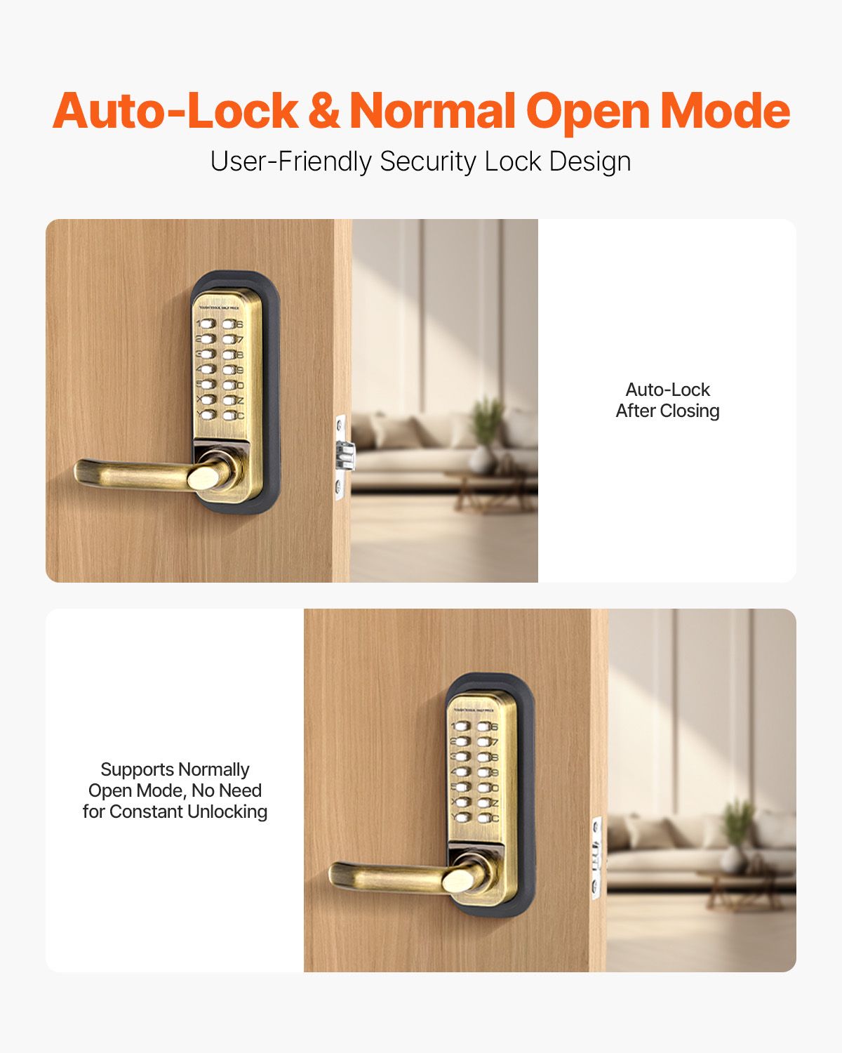 Mechanical Keyless Entry Door Lock, 14 Key Mechanical Door Lock, Mechanical Keypad Door Lock with Handle, Double-Sided Stainless Steel Waterproof Keyless Gate Lock, for Home Office Fence Garage