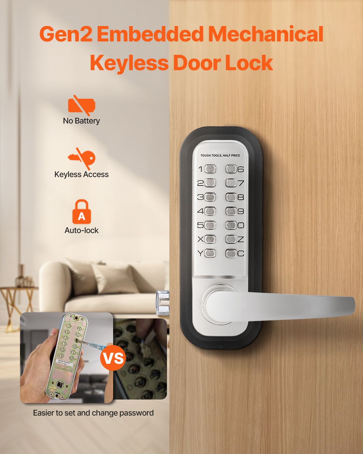 Mechanical Keyless Entry Door Lock, 14 Key Mechanical Door Lock, Mechanical Keypad Door Lock with Handle, Stainless Steel Waterproof Keyless Gate Lock, for Home Office Outdoor Fence Garage Yard