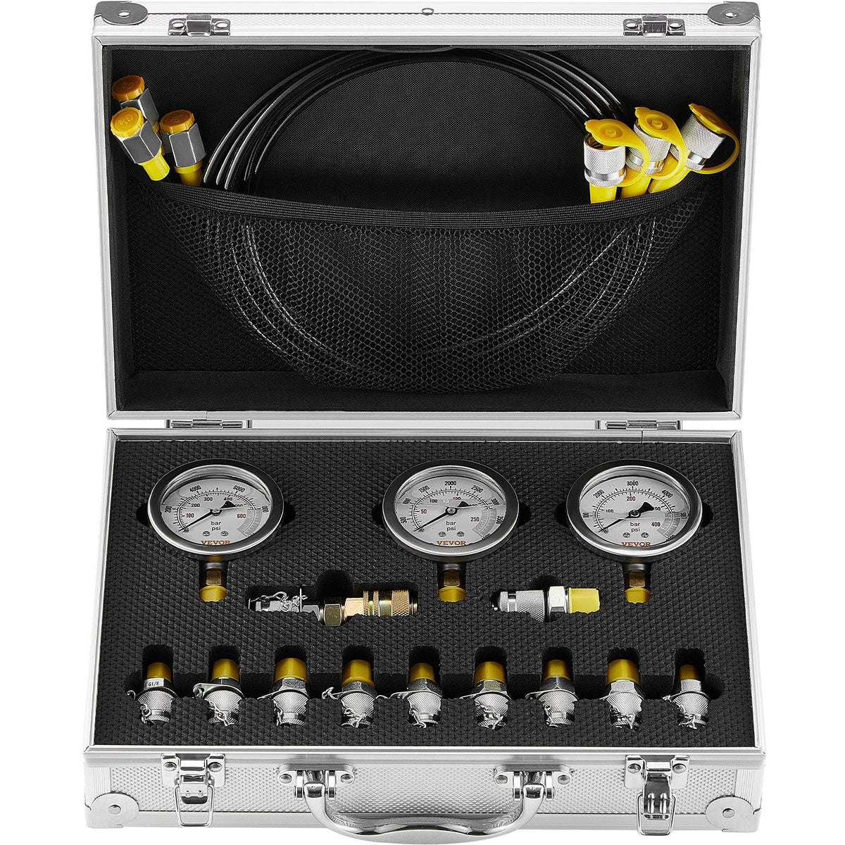 Hydraulic Pressure Test Kit, 250/400/600bar, 3 Gauges 11 Test Couplings 3 Test Hoses, Excavator Hydraulic Test Gauge Set with Portable Carrying Case for Excavator Tractors Construction Machinery