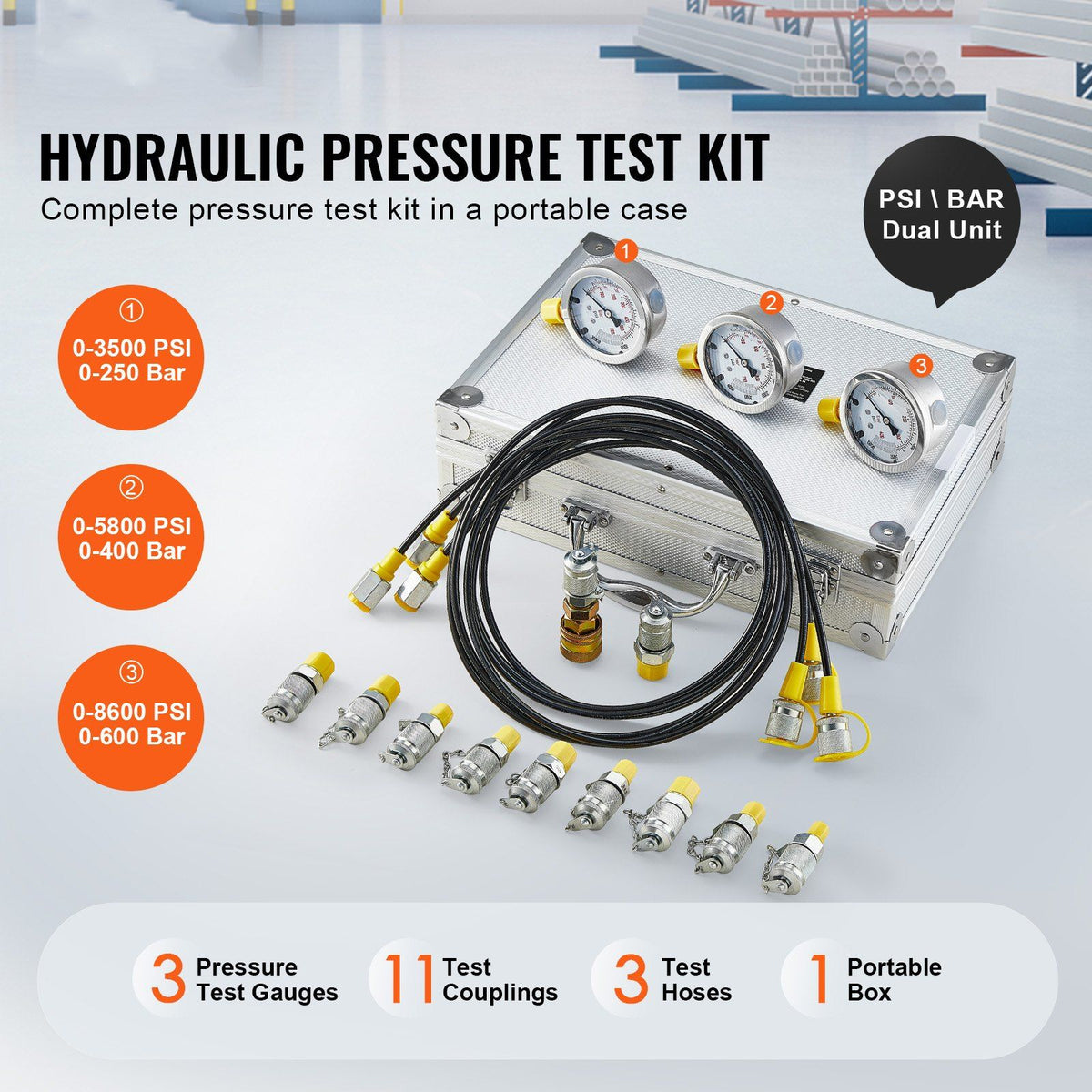 Hydraulic Pressure Test Kit, 250/400/600bar, 3 Gauges 11 Test Couplings 3 Test Hoses, Excavator Hydraulic Test Gauge Set with Portable Carrying Case for Excavator Tractors Construction Machinery