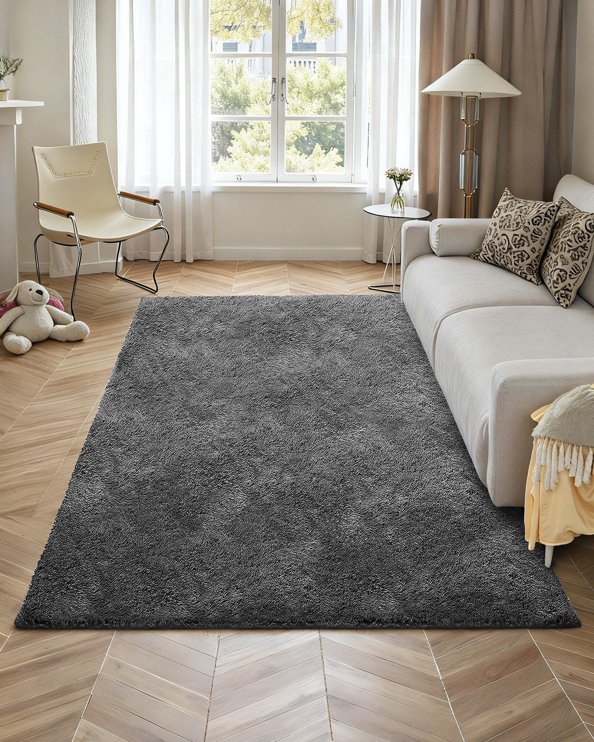 Indoor Plush Area Rugs, 1.52 x 2.44 m Soft Plush Carpet, Furry Shag Area Rugs for Living Room, Bedroom, Sunroom, Modern Home Decor Aesthetic, Non-Shedding, Non-Woven, Slip-Resistant, Dark Gray