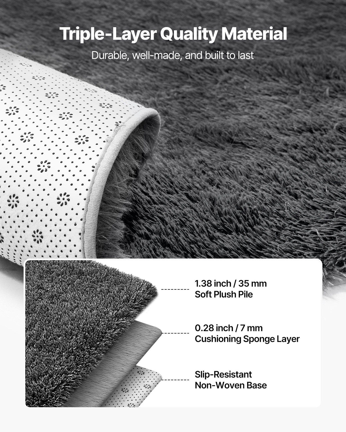 Indoor Plush Area Rugs, 1.52 x 2.44 m Soft Plush Carpet, Furry Shag Area Rugs for Living Room, Bedroom, Sunroom, Modern Home Decor Aesthetic, Non-Shedding, Non-Woven, Slip-Resistant, Dark Gray