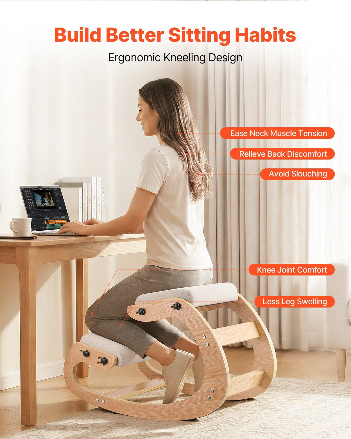 Ergonomic Kneeling Chair, Wooden Posture Knee Chair with Adjustable Thick Foam Cushions & Solid Wood Frame, Adjustable Height, Relief for Neck or Back Pain for Home, Office or Meditation, Beige