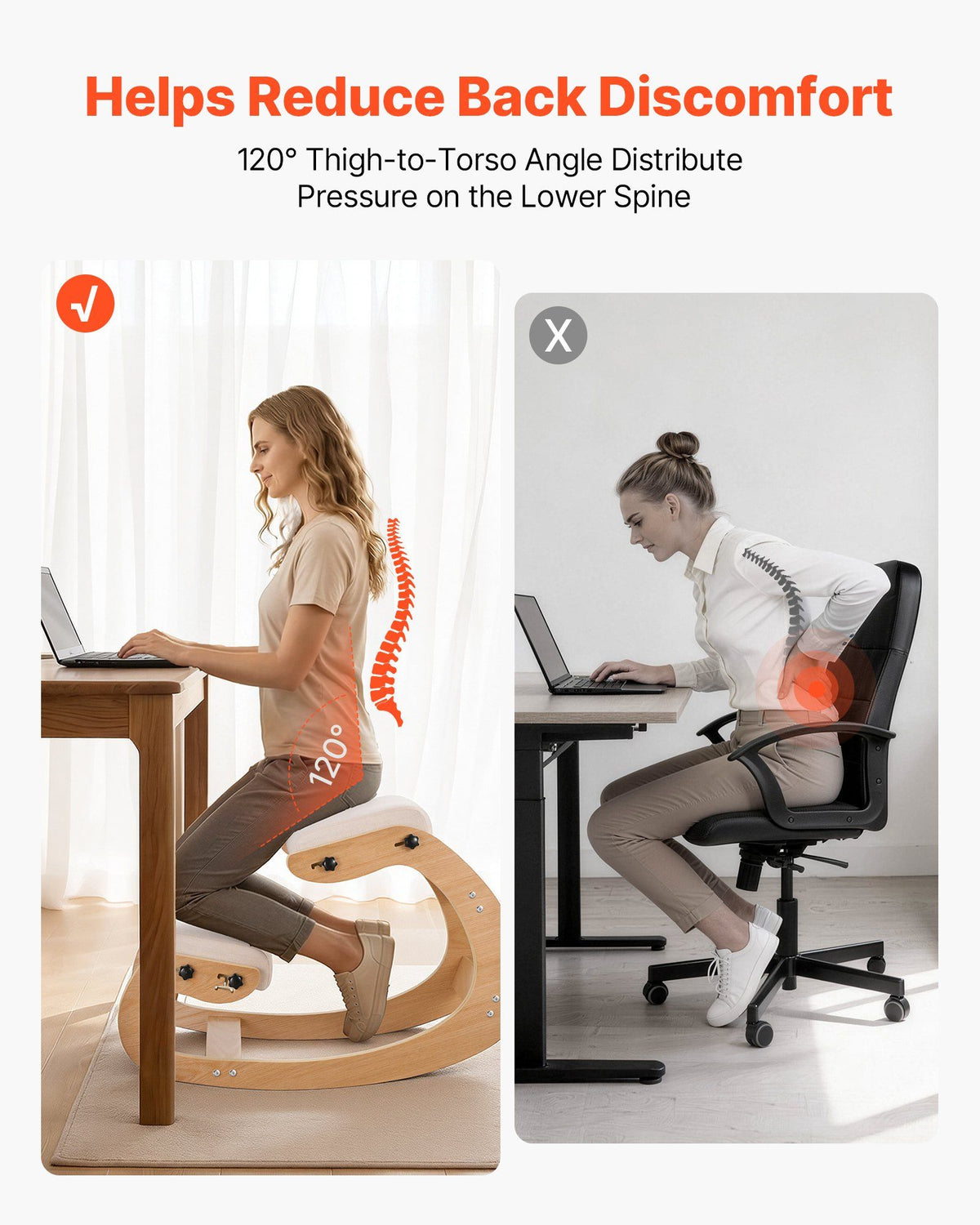 Ergonomic Kneeling Chair, Wooden Posture Knee Chair with Adjustable Thick Foam Cushions & Solid Wood Frame, Adjustable Height, Relief for Neck or Back Pain for Home, Office or Meditation, Beige