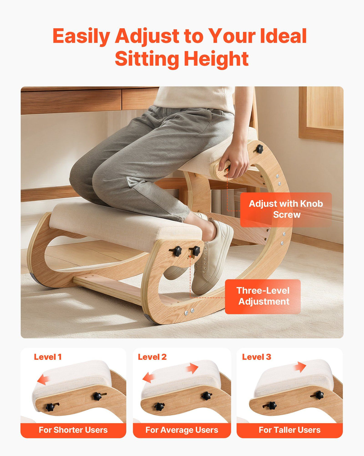 Ergonomic Kneeling Chair, Wooden Posture Knee Chair with Adjustable Thick Foam Cushions & Solid Wood Frame, Adjustable Height, Relief for Neck or Back Pain for Home, Office or Meditation, Beige