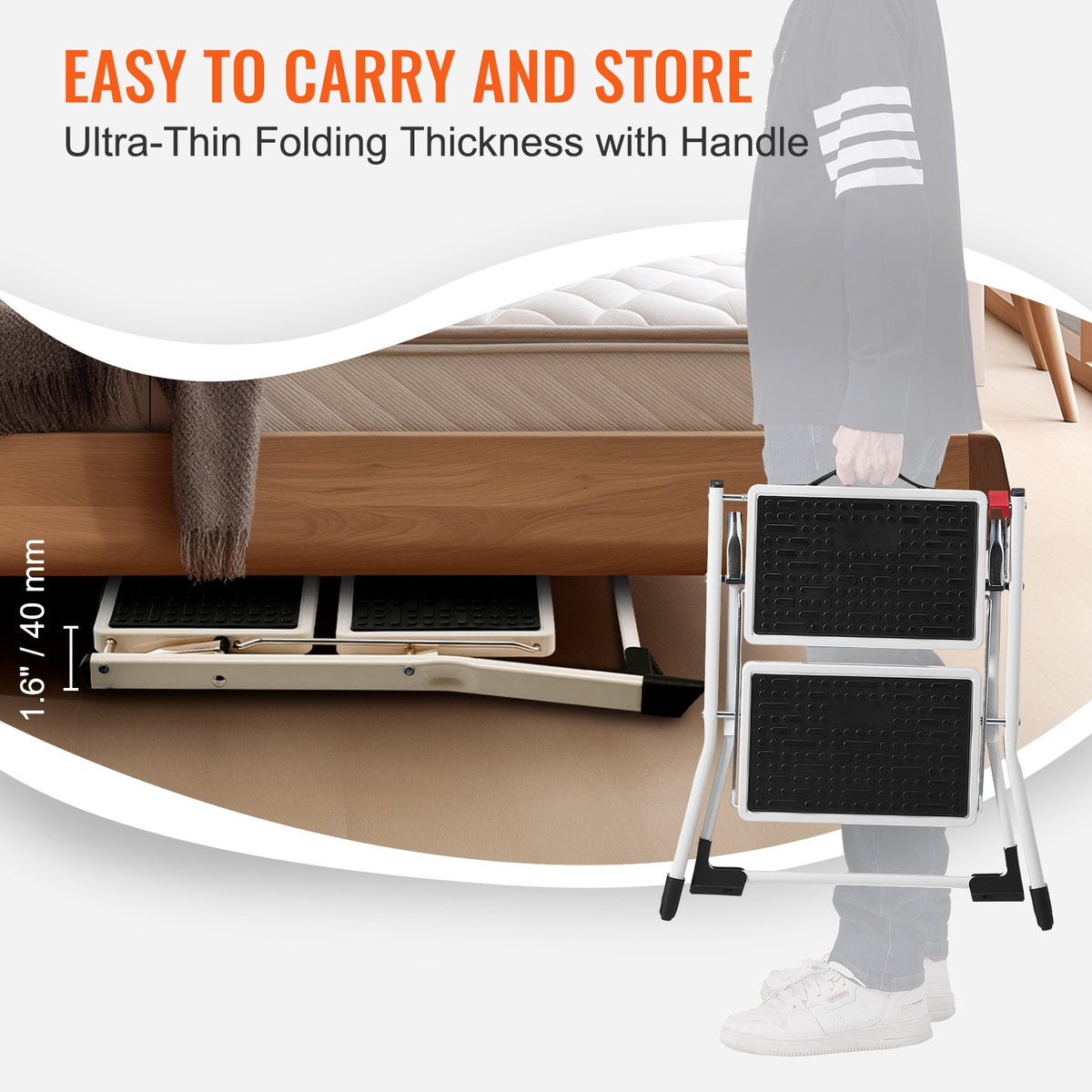 Step Ladder 2-Step 150kg Capacity, Ergonomic Folding Steel Step Stool with Wide Anti-Slip Pedal, Sturdy Step Stool for Adults Toddlers, Multi-Use for Household, Kitchen, Office, RVs