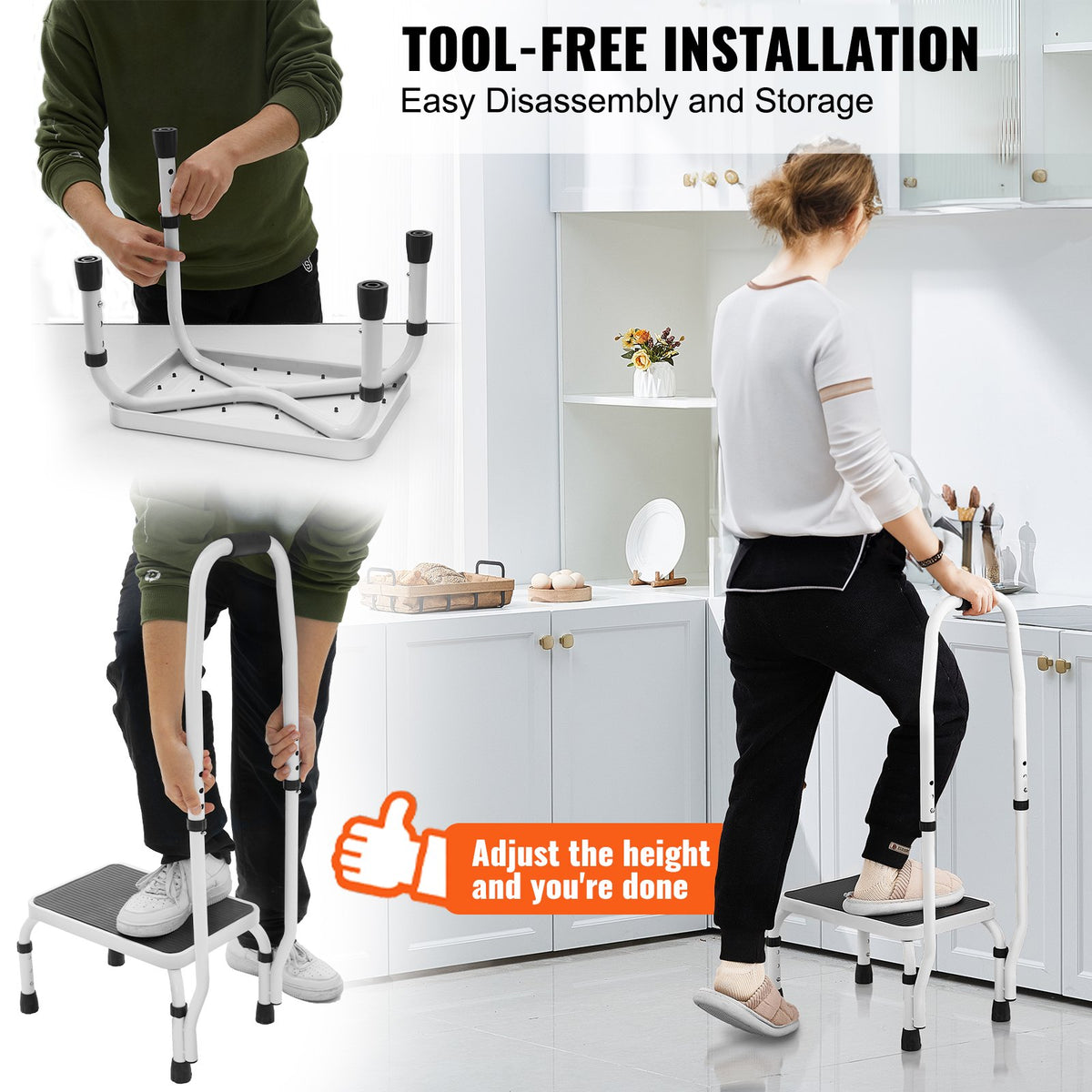 Step Stool 1-Step 150KG Capacity, 3 Adjustable Height with Handle Steel Step Ladder, Portable Toddler Step Stools for Adults, Non-Slip Sturdy Step Ladders for Office, RVs, Pets