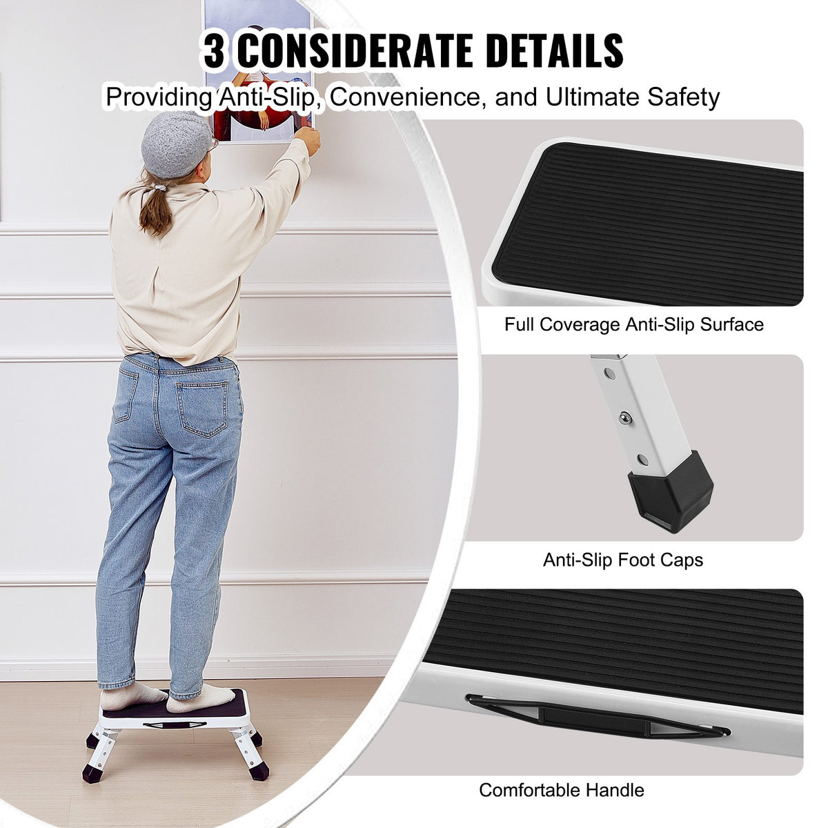 Step Stool 1-Step 150KG Capacity, Folding Steel Step Ladder 3 Adjustable Height, Portable Toddler Step Stools for Adults, Non-Slip Sturdy Step Ladders for Office, RVs, Pets, Bathrooms,Bedrooms