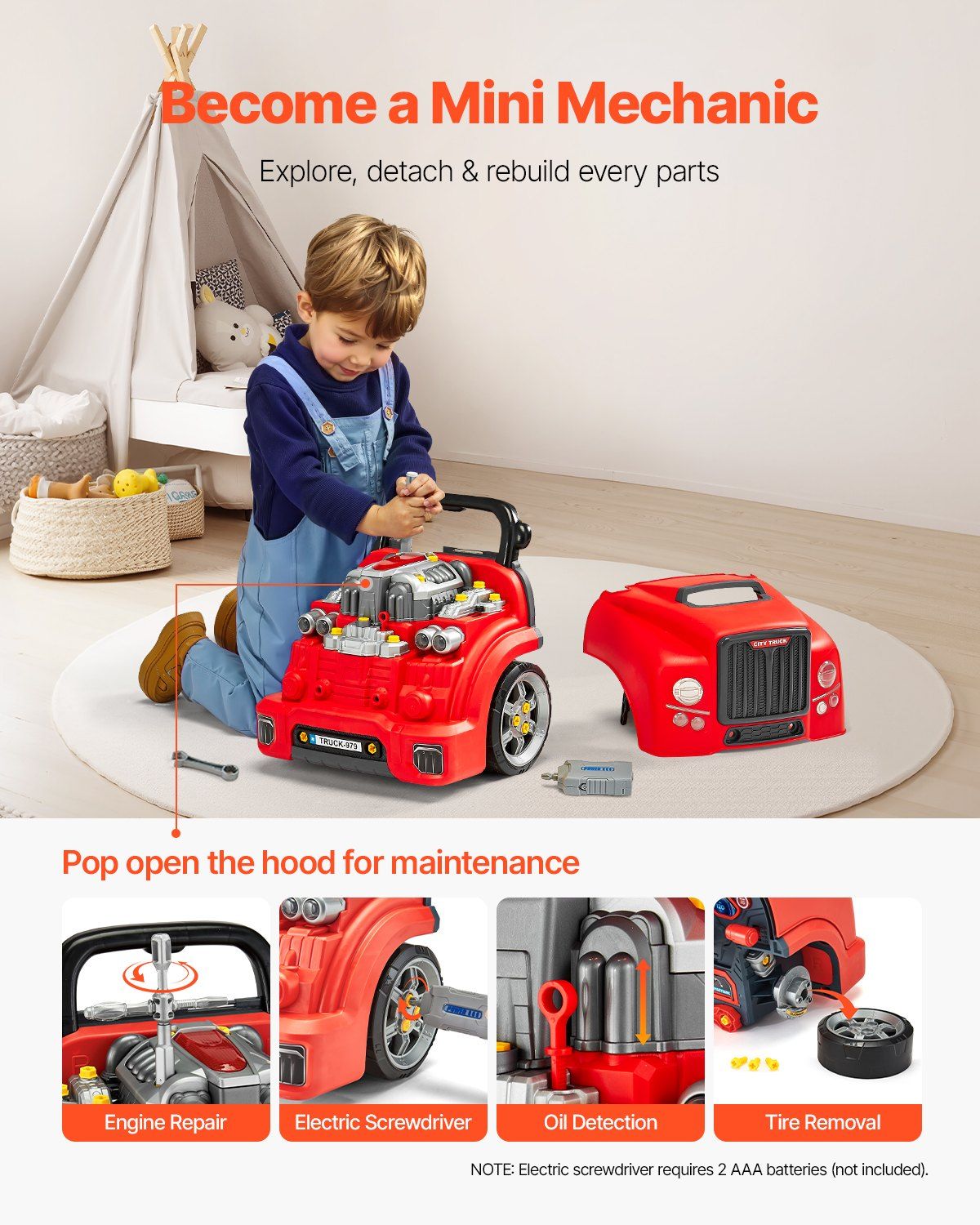 Engine Toy, 60 Pieces, Kids Mechanic Car Repair Set with Removable Parts, Lights and Sounds, Steering Wheel and Horn, Kids Mechanic Workshop Set for Toddler Ages 3 Years and Up, Red