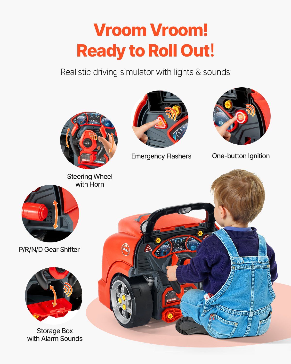 Engine Toy, 60 Pieces, Kids Mechanic Car Repair Set with Removable Parts, Lights and Sounds, Steering Wheel and Horn, Kids Mechanic Workshop Set for Toddler Ages 3 Years and Up, Red