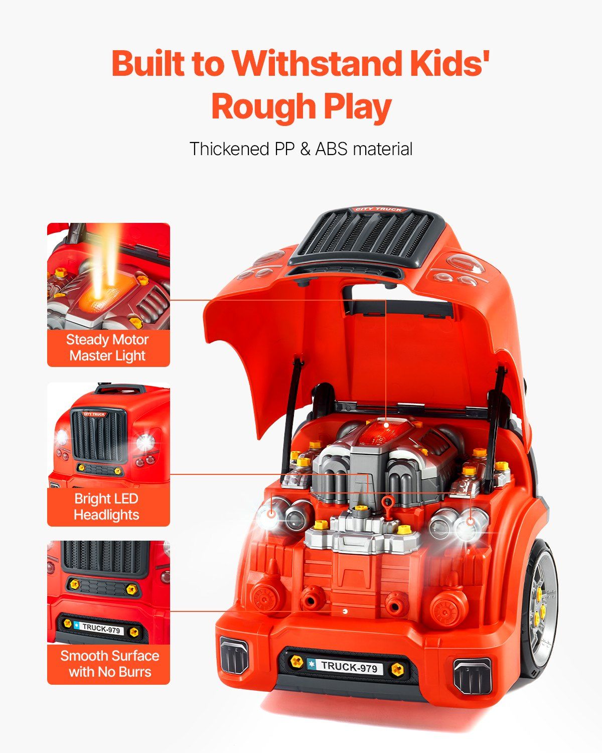 Engine Toy, 60 Pieces, Kids Mechanic Car Repair Set with Removable Parts, Lights and Sounds, Steering Wheel and Horn, Kids Mechanic Workshop Set for Toddler Ages 3 Years and Up, Red