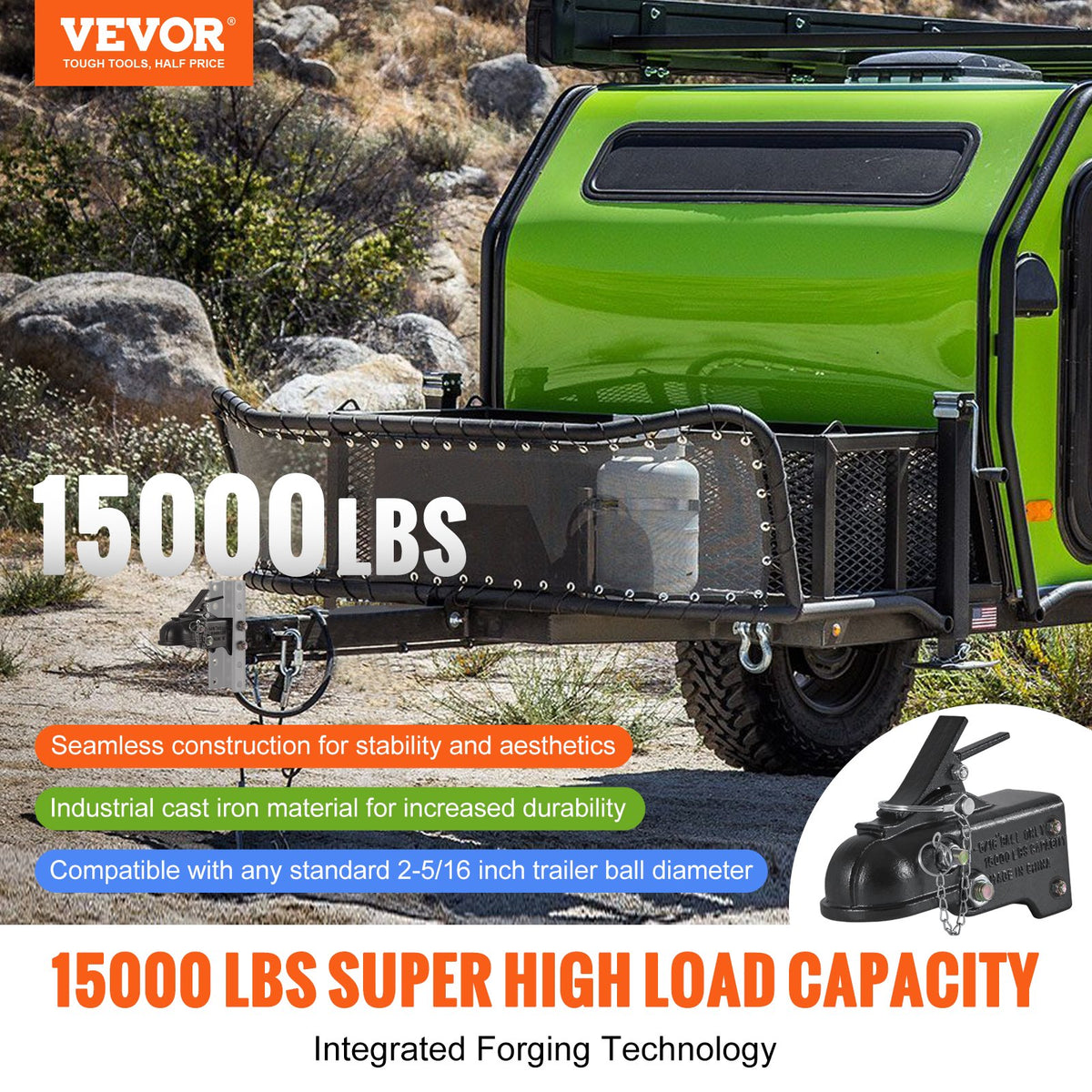 Adjustable Trailer Coupler, 2-5/16" Hitch Ball, 15000 lbs Capacity, Heavy Duty Cast Channel-Mount Coupler with Hardware Kit, Ideal for Towing Station Wagons, Pickup Trucks, SUVs, Black Coating