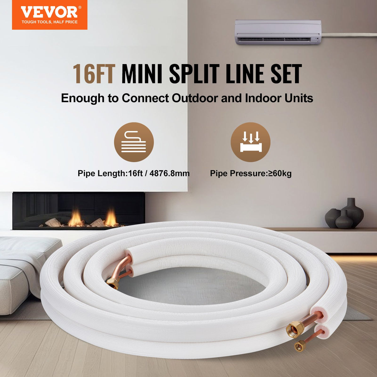 4876.8mm Mini Split Line Set, 6.4 & 12.7mm O.D Copper Pipes Tubing and Triple-Layer Insulation, for Air Conditioning or Heating Pump Equipment & HVAC with Rich Accessories (18ft Connection Cable