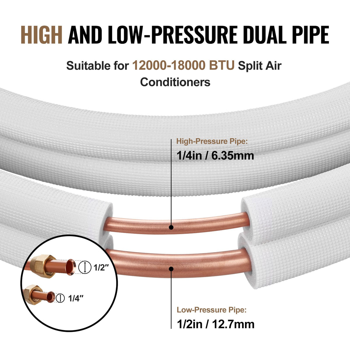 4876.8mm Mini Split Line Set, 6.4 & 12.7mm O.D Copper Pipes Tubing and Triple-Layer Insulation, for Air Conditioning or Heating Pump Equipment & HVAC with Rich Accessories (18ft Connection Cable