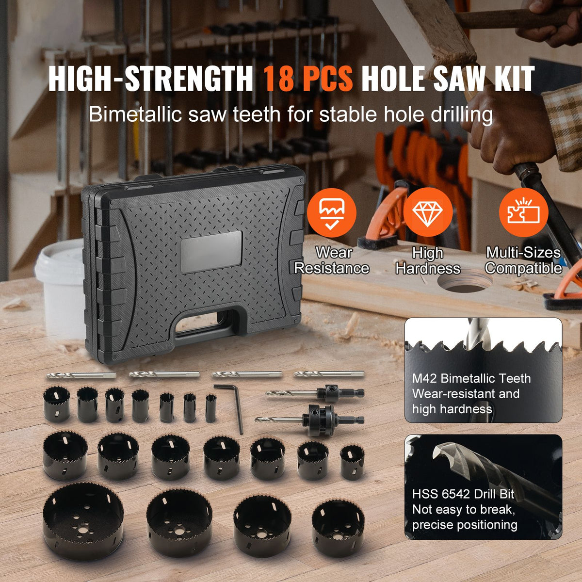 Hole Saw Kit, 18 PCS Saw Blades, 6 Drill Bits, 1 Hex Wrench, Bi Metal M42 Hole Saw Set with Carrying Case, General Purpose Size from 3/4" to 4-1/2", Ideal for Wood Board, Iron and Plastic Plate