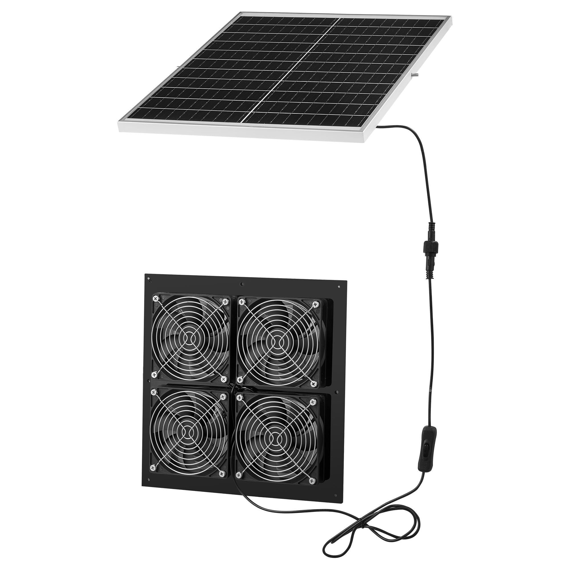 Solar Powered Fan, 25W Solar Panel with 4 Fans, Adjustable Solar Panel Angle, 2668 RPM High-Speed, Flexible Installation, Fast Air Exchange for Greenhouse, Grow Tents, Chicken Coops, Shelters