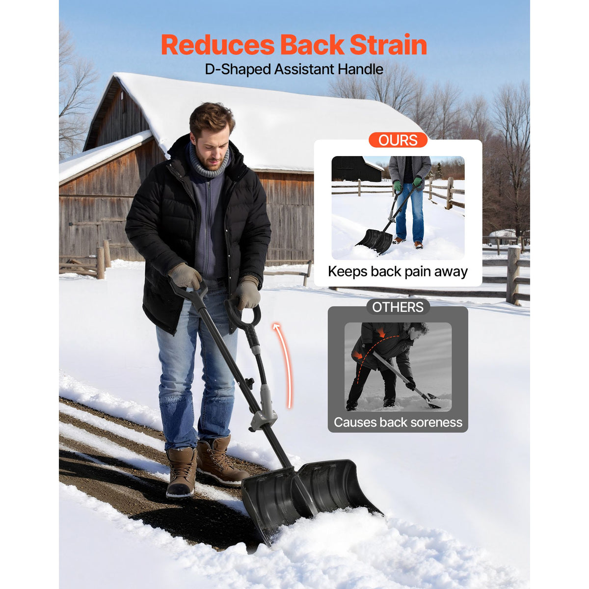 Snow Shovel for Driveway, 45.5cm Wide Snow Shovel with Assist D-shaped Handles, Non Slip Grip, Large Capacity Snowplow Shovels, Lightweight Snows Removal Tool for Garden Car Camping Outdoors
