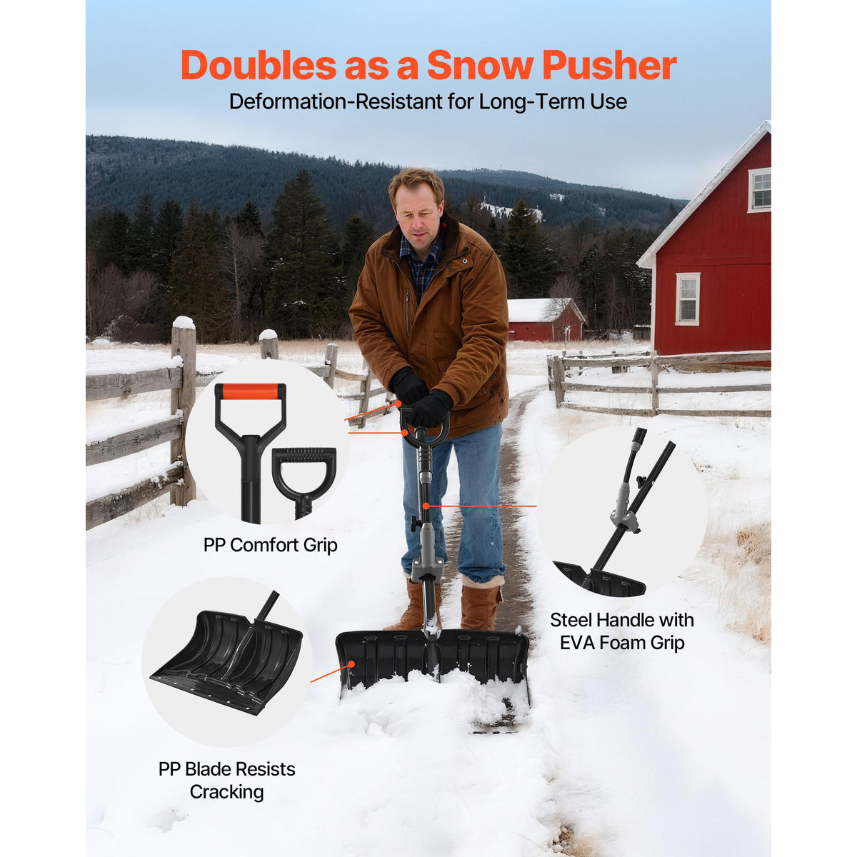 Snow Shovel for Driveway, 45.5cm Wide Snow Shovel with Assist D-shaped Handles, Non Slip Grip, Large Capacity Snowplow Shovels, Lightweight Snows Removal Tool for Garden Car Camping Outdoors