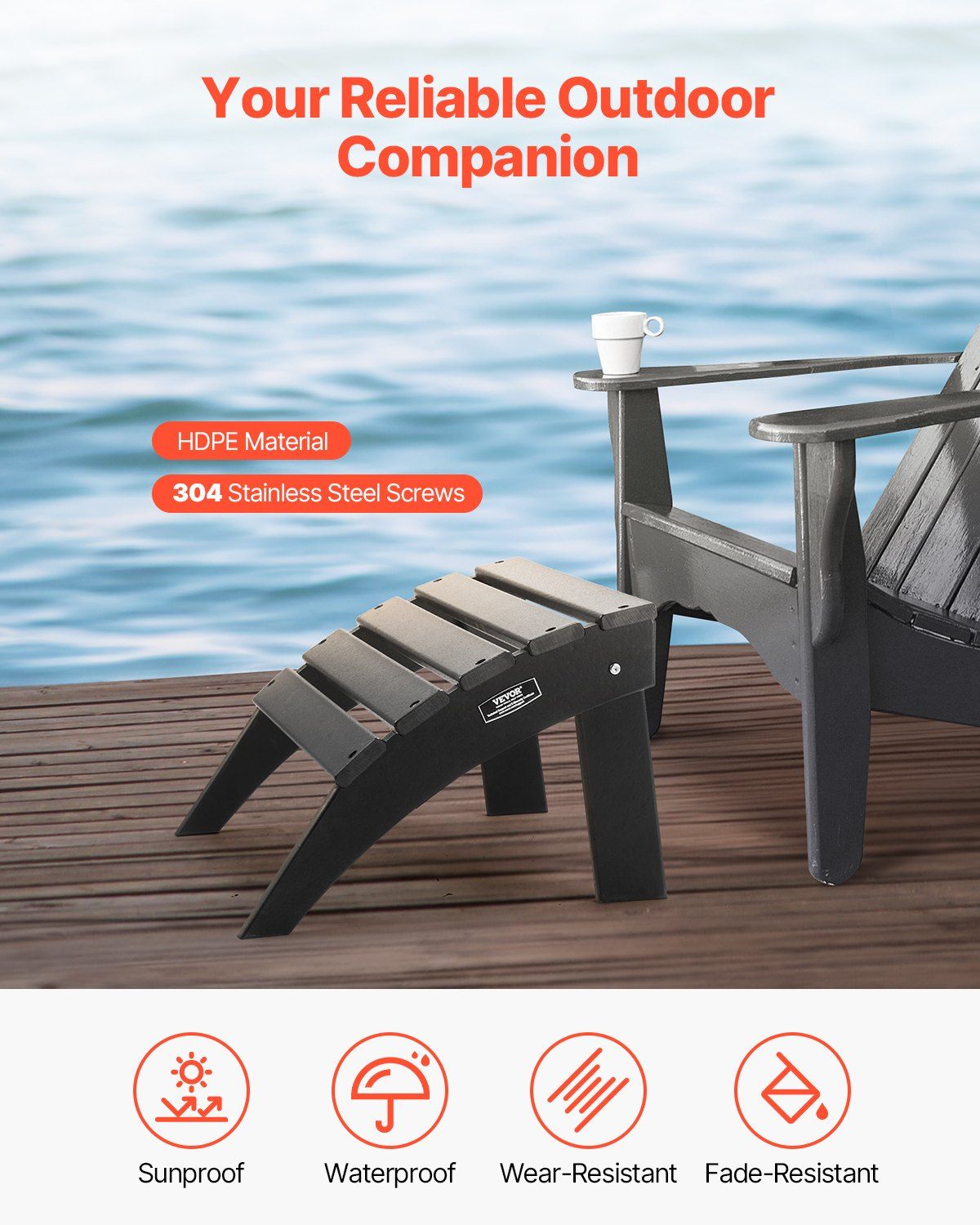 Adirondack Ottoman, 47.5L x 50W x 33H cm HDPE Plastic Folding Adirondack Ottoman, Weather-Resistant Foot Rest for Adirondack Chair, Widely Used for Outside Porch Pool Lawn Backyard, Black