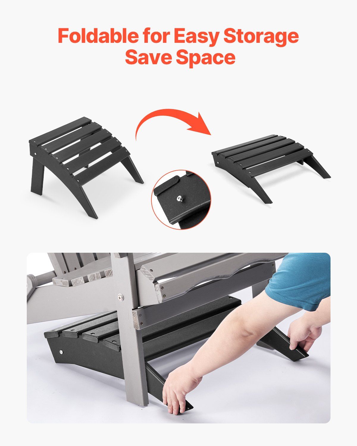 Adirondack Ottoman, 47.5L x 50W x 33H cm HDPE Plastic Folding Adirondack Ottoman, Weather-Resistant Foot Rest for Adirondack Chair, Widely Used for Outside Porch Pool Lawn Backyard, Black