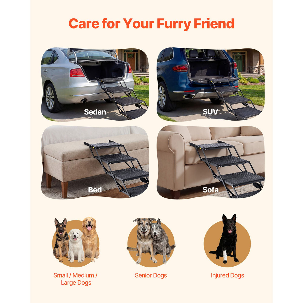 Dog Stairs for Car, 4 Steps Extra Wide Foldable Dog Ramp for Large Dogs with Non-Slip Surface, Portable Lightweight Pet Stairs Ladder for Car, SUV, Truck, High Bed, Sofa, Support up to 113 kg