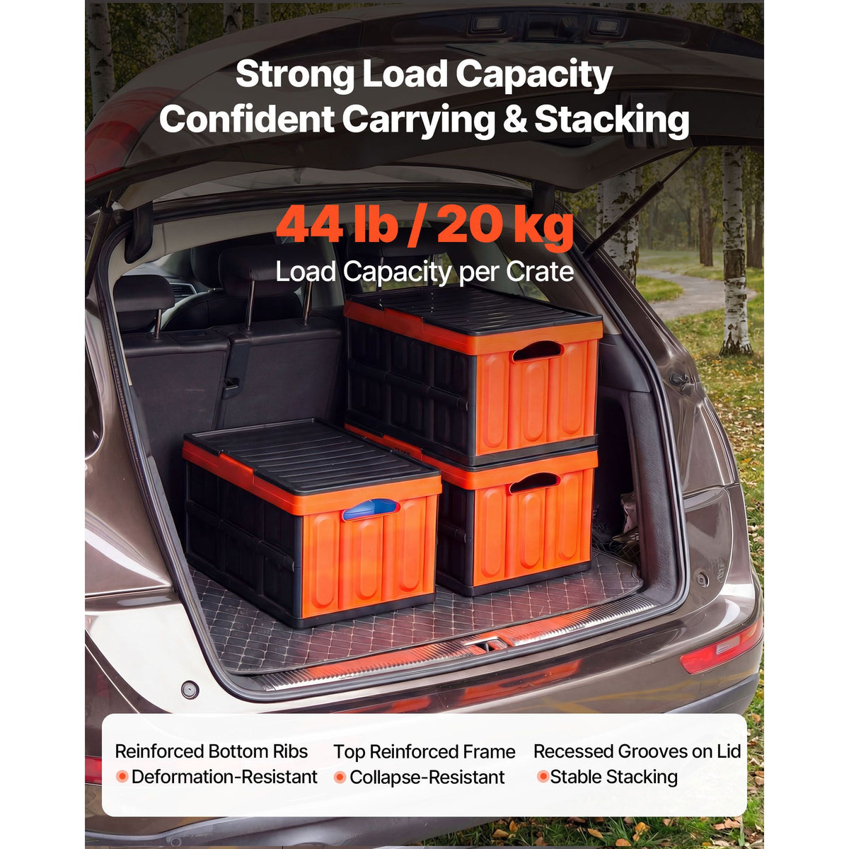 Plastic Collapsible Storage Bins with Lids, 45L 3Packs, Stackable Folding Storage Crates with Handles, Holds 20 kg Per Bin, Heavy Duty Containers, Space-Saving Baskets, for Home Organizing