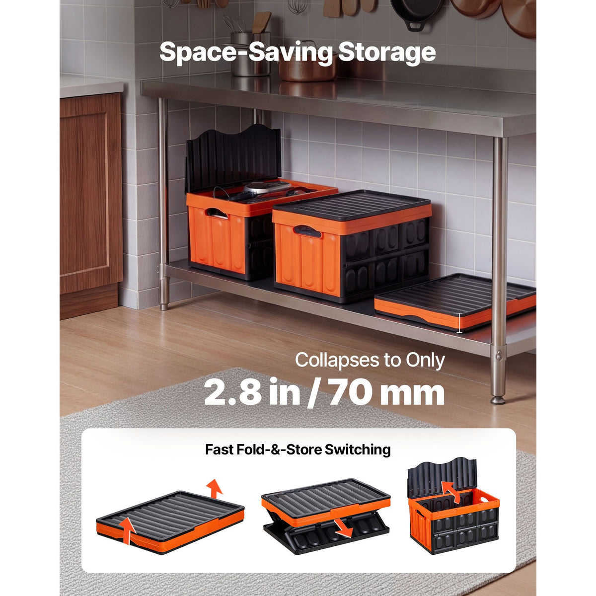 Plastic Collapsible Storage Bins with Lids, 45L 3Packs, Stackable Folding Storage Crates with Handles, Holds 20 kg Per Bin, Heavy Duty Containers, Space-Saving Baskets, for Home Organizing