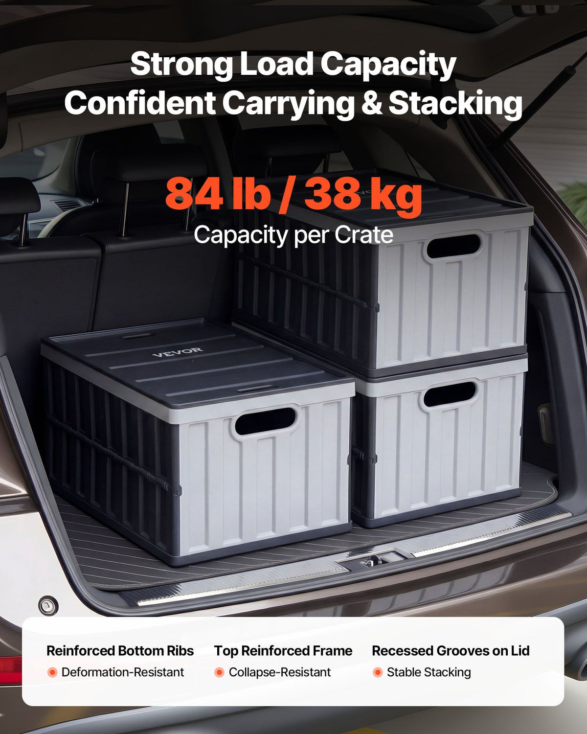 Plastic Collapsible Storage Bins with Lids, 65L 3 Packs, Stackable Folding Storage Crates with Handles, Holds 38 kg Per Bin, Heavy Duty Containers, Space-Saving Baskets, for Home Organizing