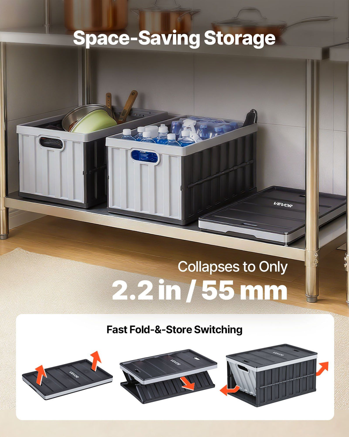 Plastic Collapsible Storage Bins with Lids, 65L 3 Packs, Stackable Folding Storage Crates with Handles, Holds 38 kg Per Bin, Heavy Duty Containers, Space-Saving Baskets, for Home Organizing