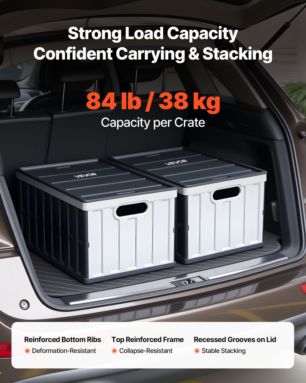 Plastic Collapsible Storage Bins with Lids, 65L 2 Packs, Stackable Folding Storage Crates with Handles, Holds 38 kg Per Bin, Heavy Duty Containers, Space-Saving Baskets, for Home Organizing