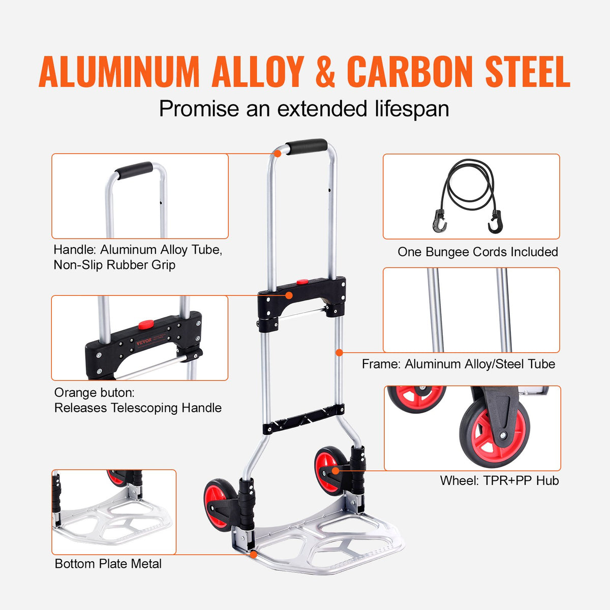 Folding Hand Truck, 80 kg Load Capacity, Aluminum Portable Cart, Convertible Hand Truck and Dolly with Telescoping Handle and Rubber Wheels, Ultra Lightweight Super Strong for Moving Warehouse