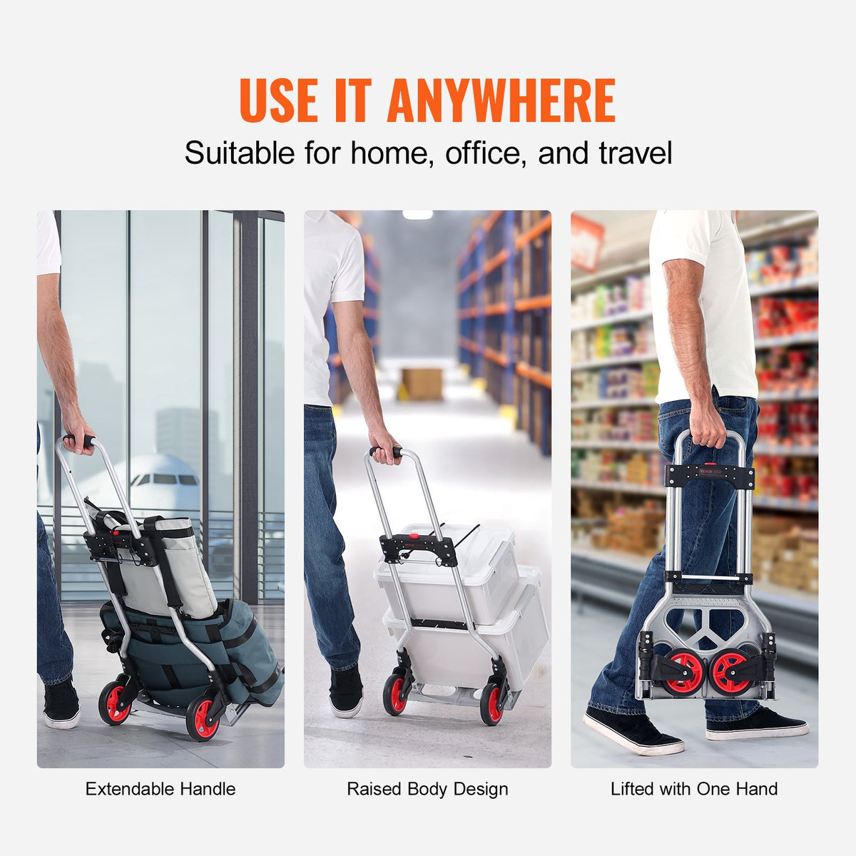 Folding Hand Truck, 80 kg Load Capacity, Aluminum Portable Cart, Convertible Hand Truck and Dolly with Telescoping Handle and Rubber Wheels, Ultra Lightweight Super Strong for Moving Warehouse