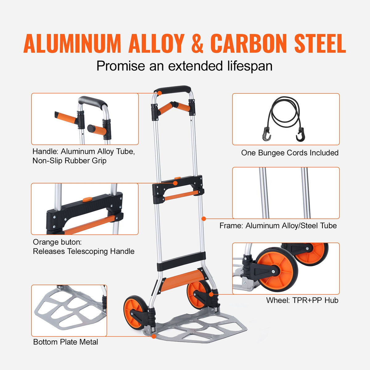 Folding Hand Truck, 140 kg Load Capacity, Aluminum Portable Cart, Convertible Hand Truck and Dolly with Telescoping Handle and PP+TPR Wheels, Ultra Lightweight Super Strong for Moving Warehouse